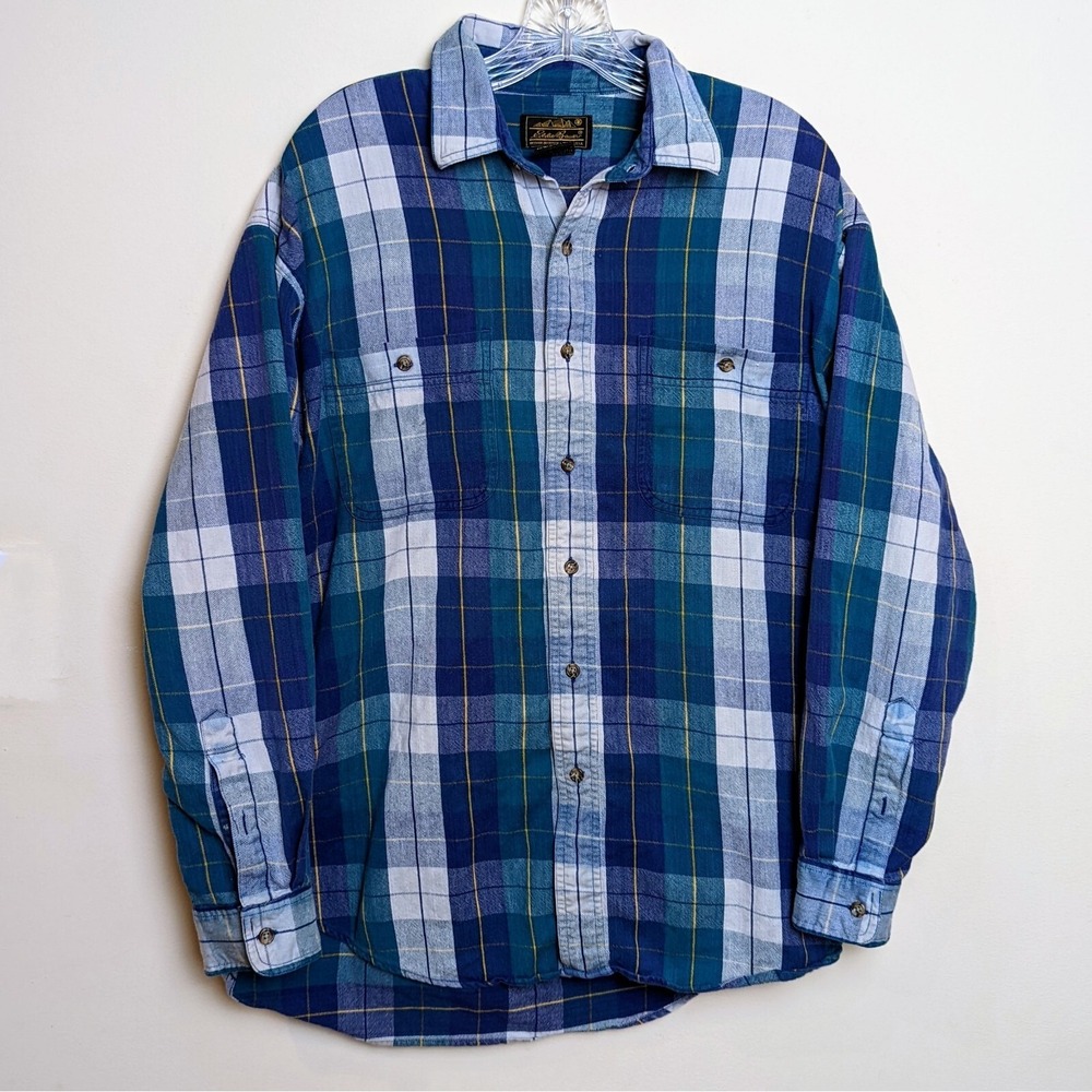Vintage 90's Eddie Bauer Blue Button Down Plaid Flannel Shirt Large